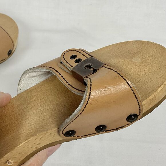 Dr Scholls Original Collection Clog Sandal Sz 6 Tan Leather Wooden Heel Shoe - Picture 6 of 10